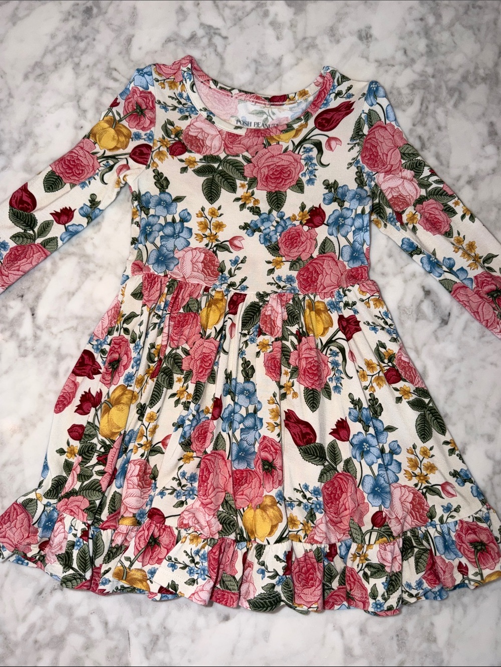 NWOT Posh Peanut Floral Twirl Dress in White with Pink, Blue & Yellow Blooms 2T